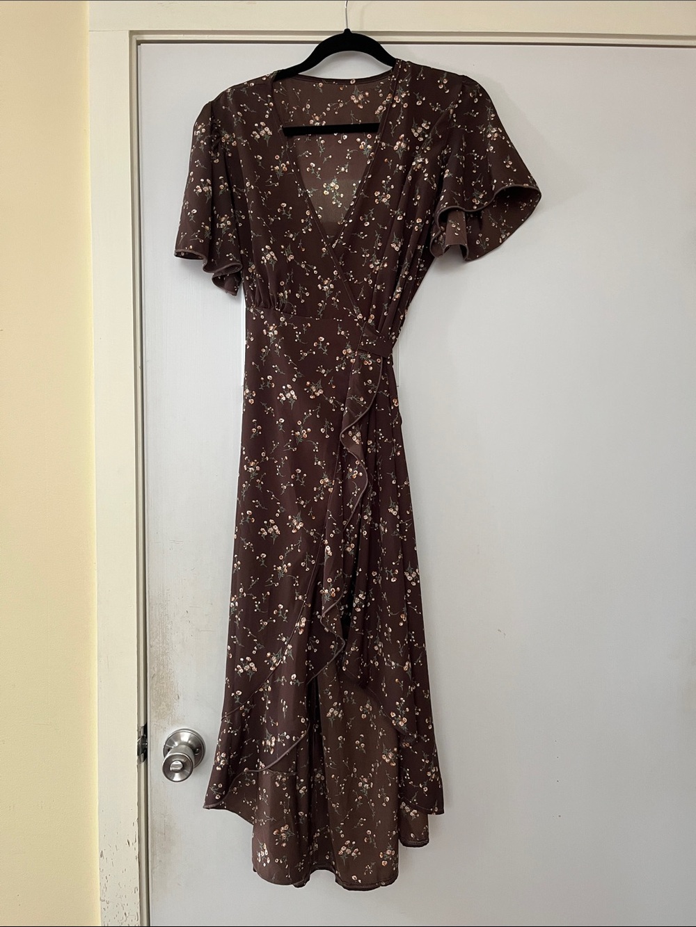 SHEIN Brown Floral Wrap Midi Dress with Ruffle Trim